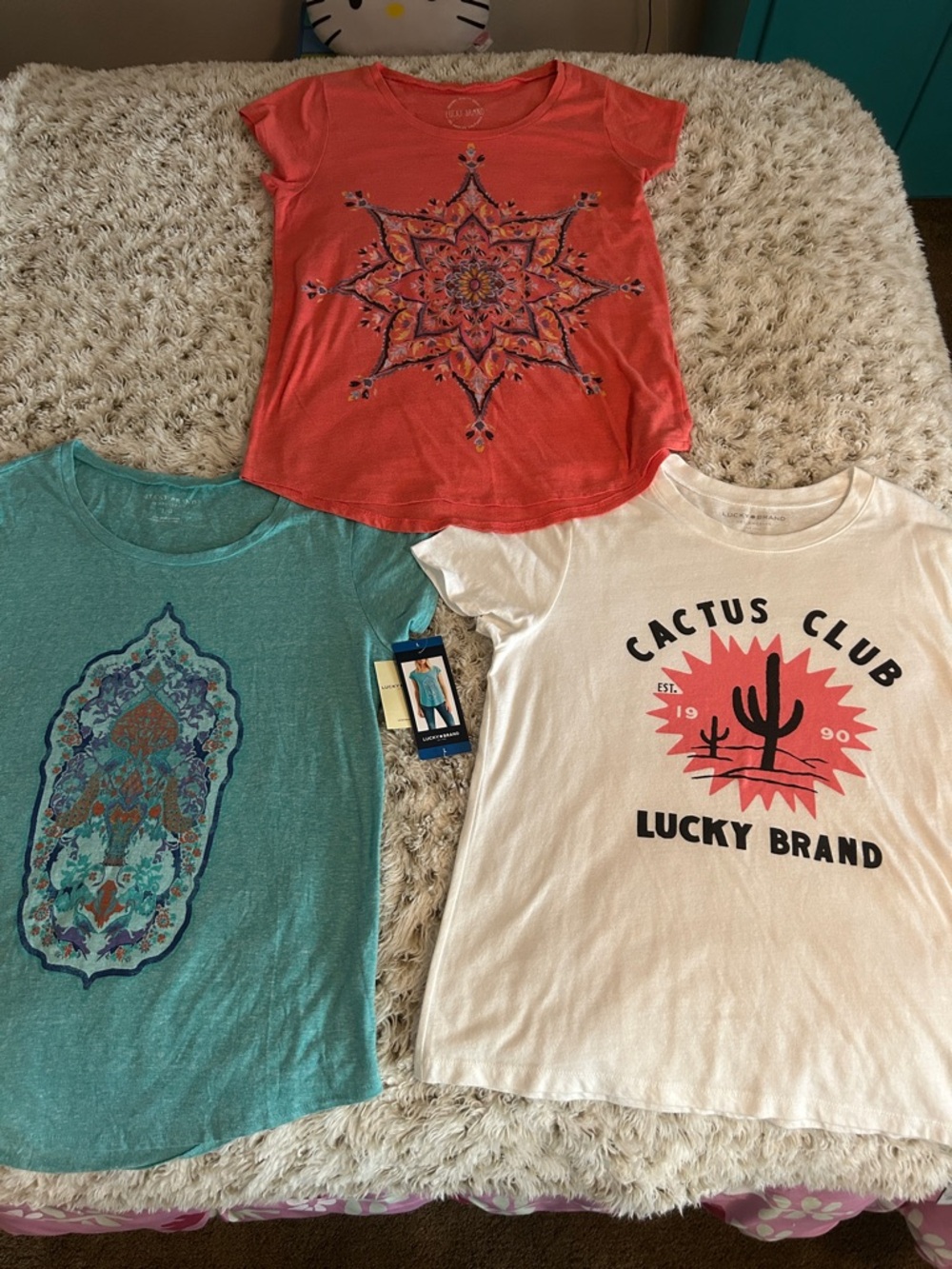 Lucky Brand Coral Starburst Tee, Turquoise Graphic Tee & White Cactus Club Tee